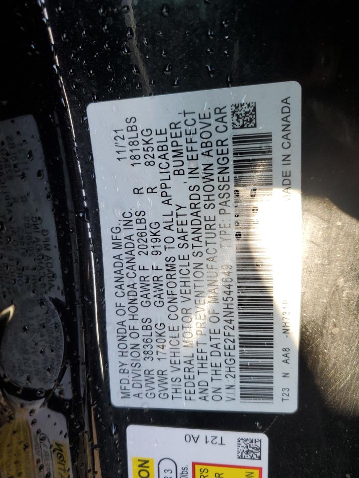 2022 HONDA CIVIC LX VIN:2HGFE2F24NH544649