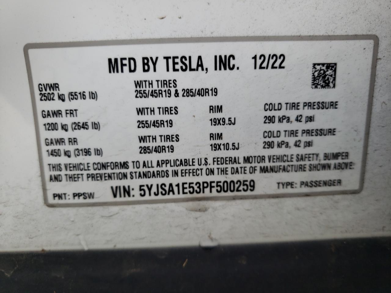 2023 TESLA MODEL S VIN:5YJSA1E53PF500259