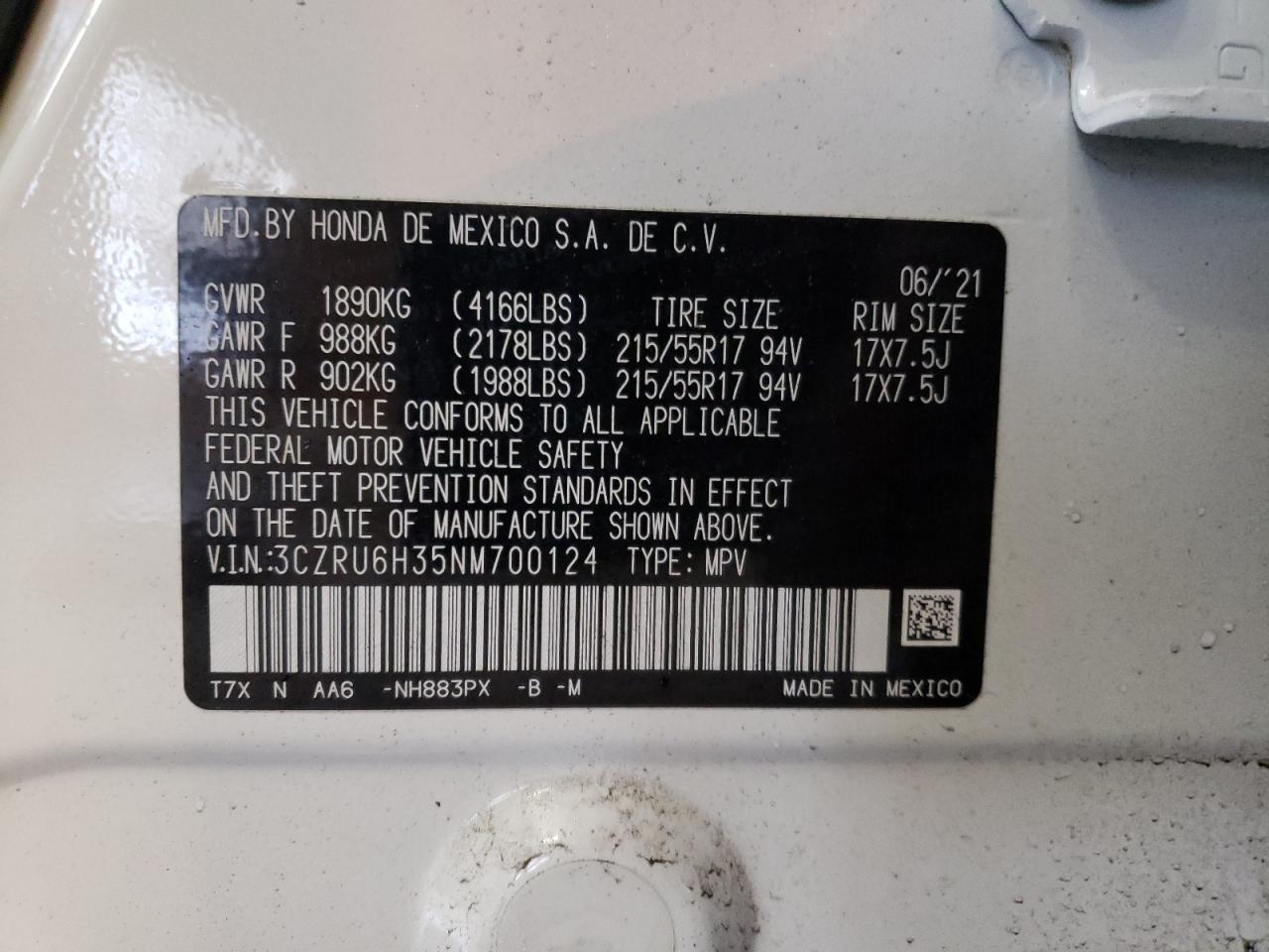 2022 HONDA HR-V LX VIN:3CZRU6H35NM700124