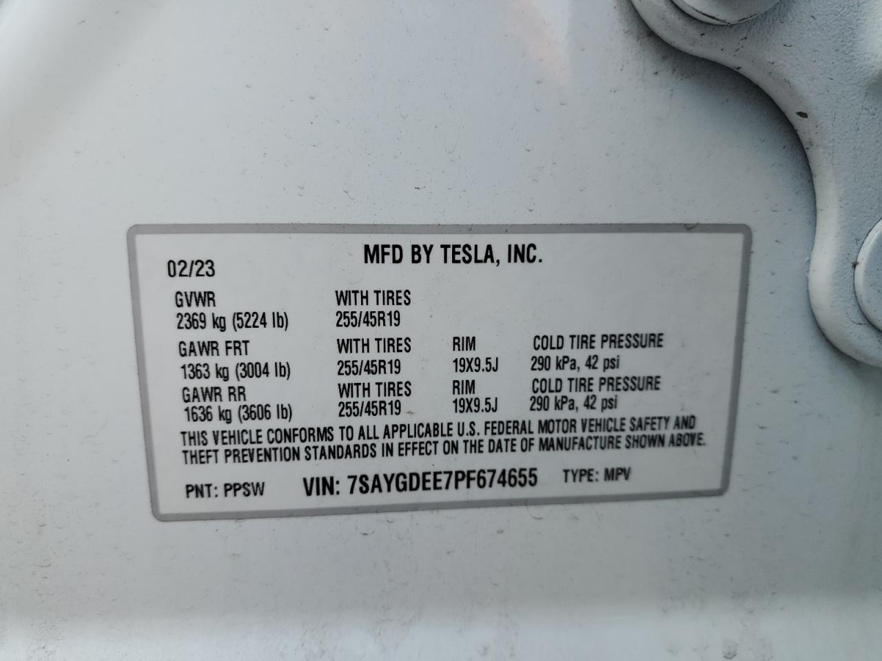 2023 TESLA MODEL Y VIN:7SAYGDEE7PF674655