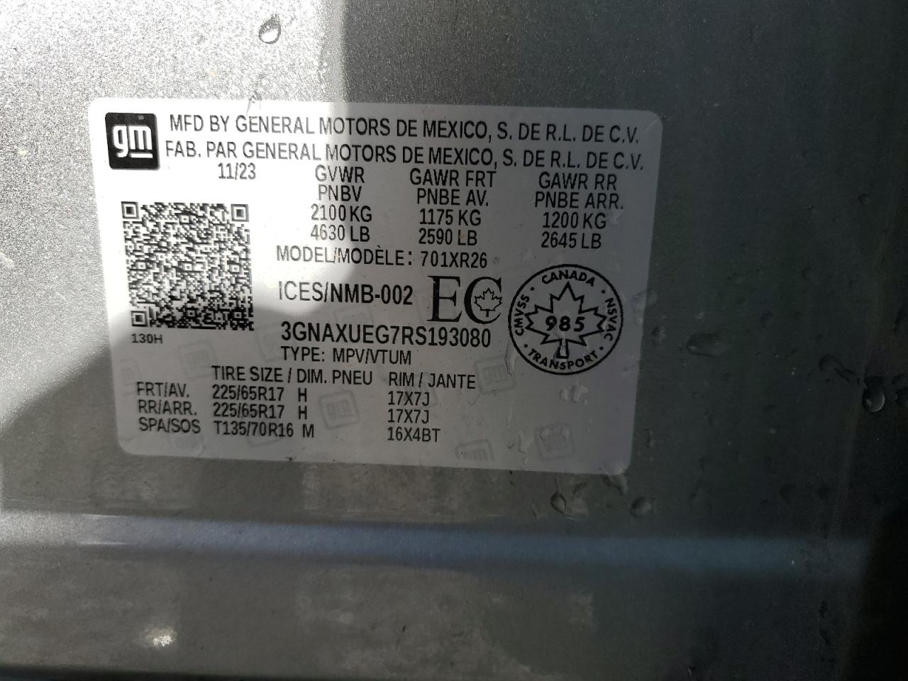 2024 CHEVROLET EQUINOX LT VIN:3GNAXUEG7RS193080