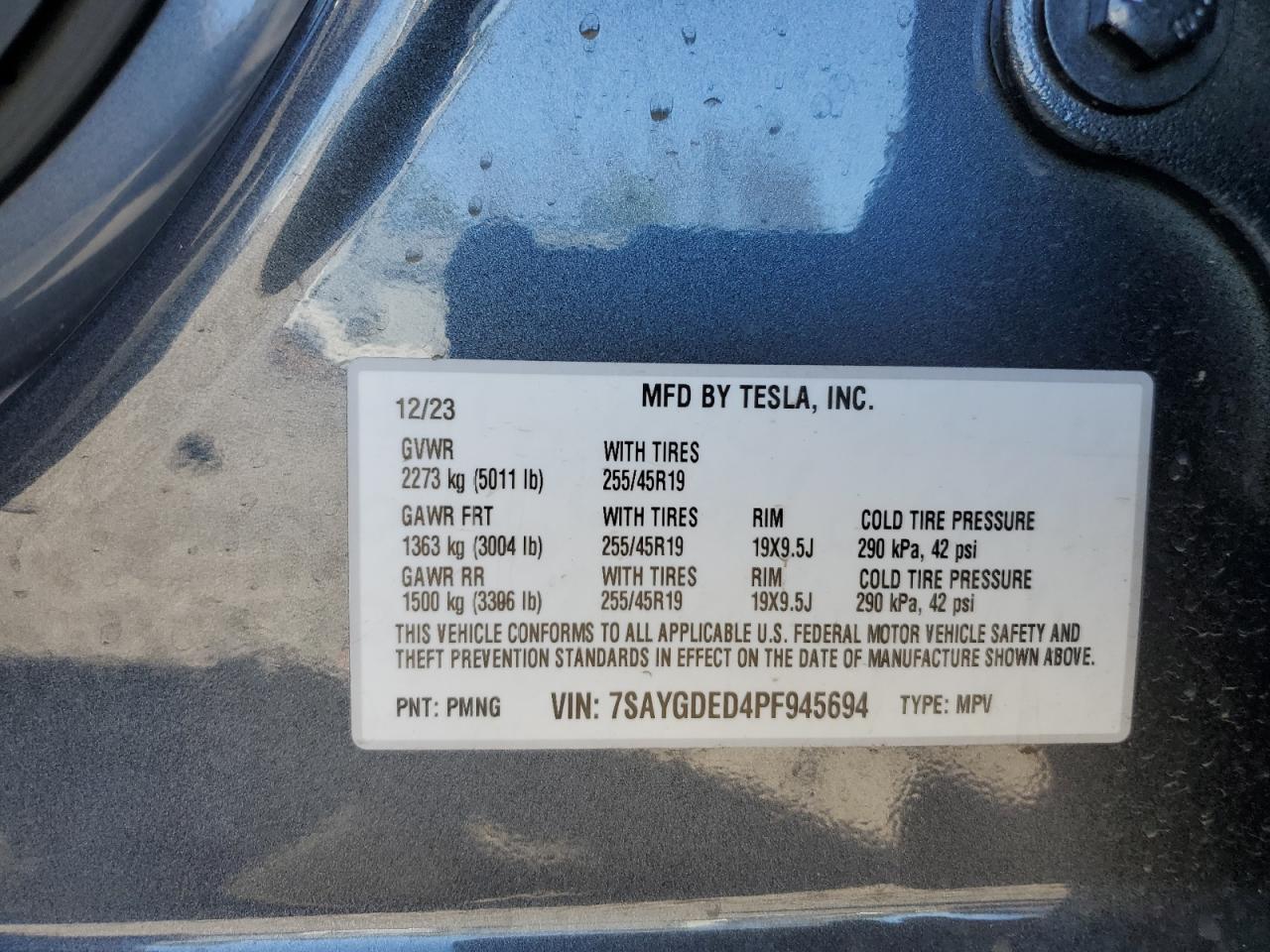 2023 TESLA MODEL Y VIN:7SAYGDED4PF945694