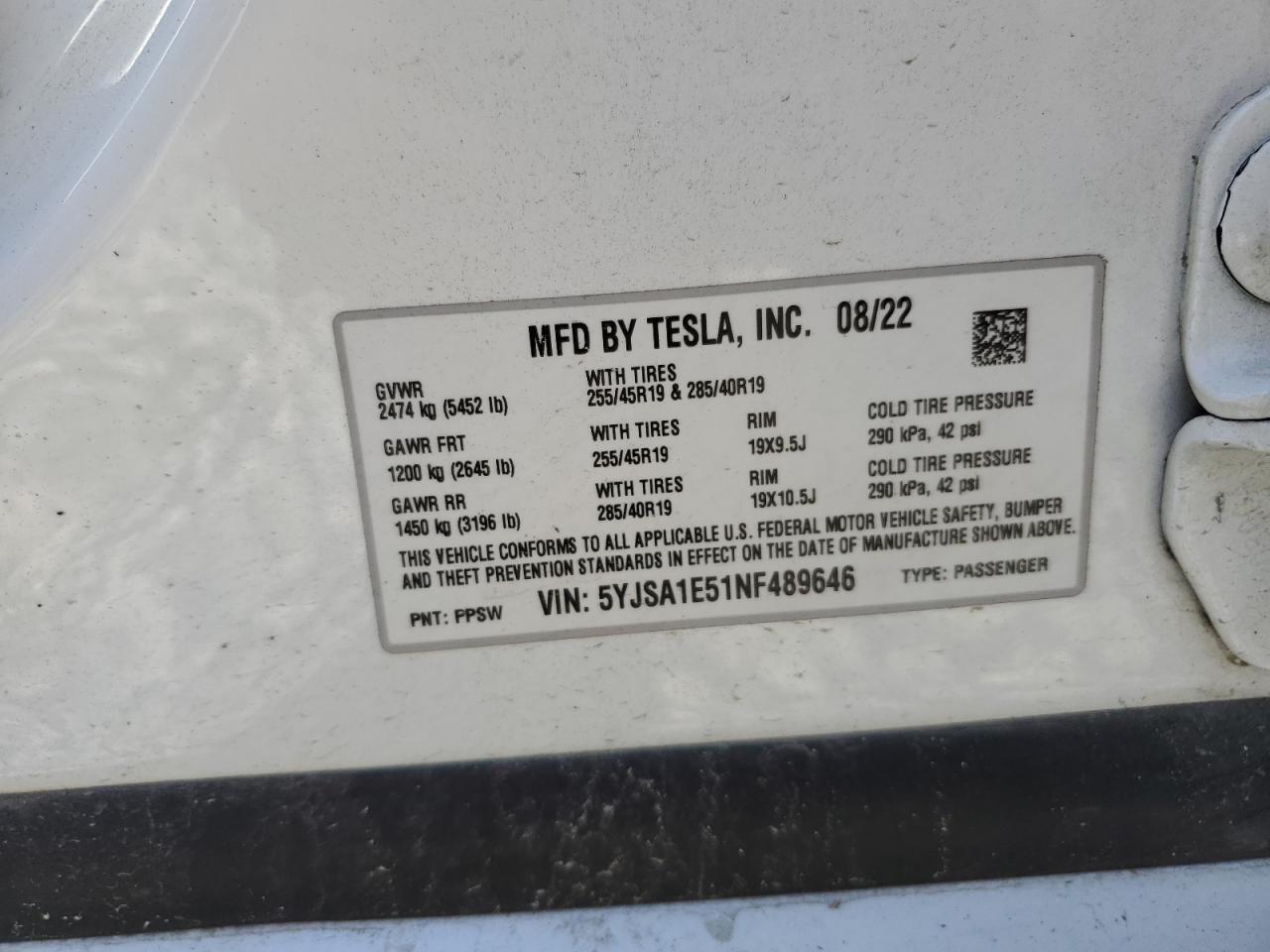2022 TESLA MODEL S VIN:5YJSA1E51NF489646