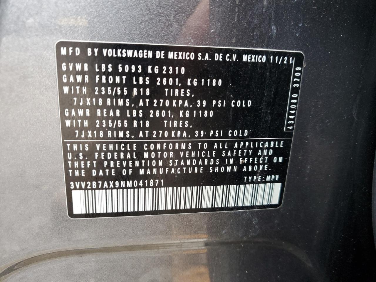 2022 VOLKSWAGEN TIGUAN SE VIN:3VV2B7AX9NM041871