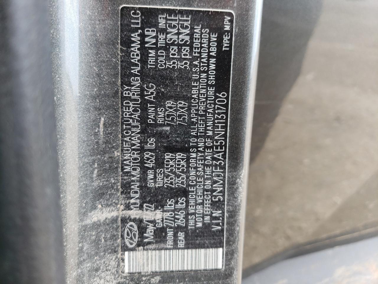 2022 HYUNDAI TUCSON SEL VIN:5NMJF3AE5NH131706