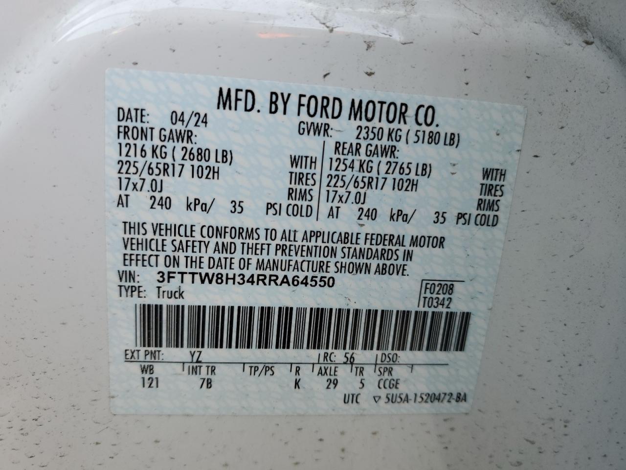 2024 FORD MAVERICK XLT VIN:3FTTW8H34RRA64550