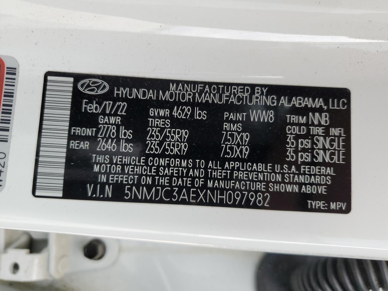 2022 HYUNDAI TUCSON SEL VIN:5NMJC3AEXNH097982