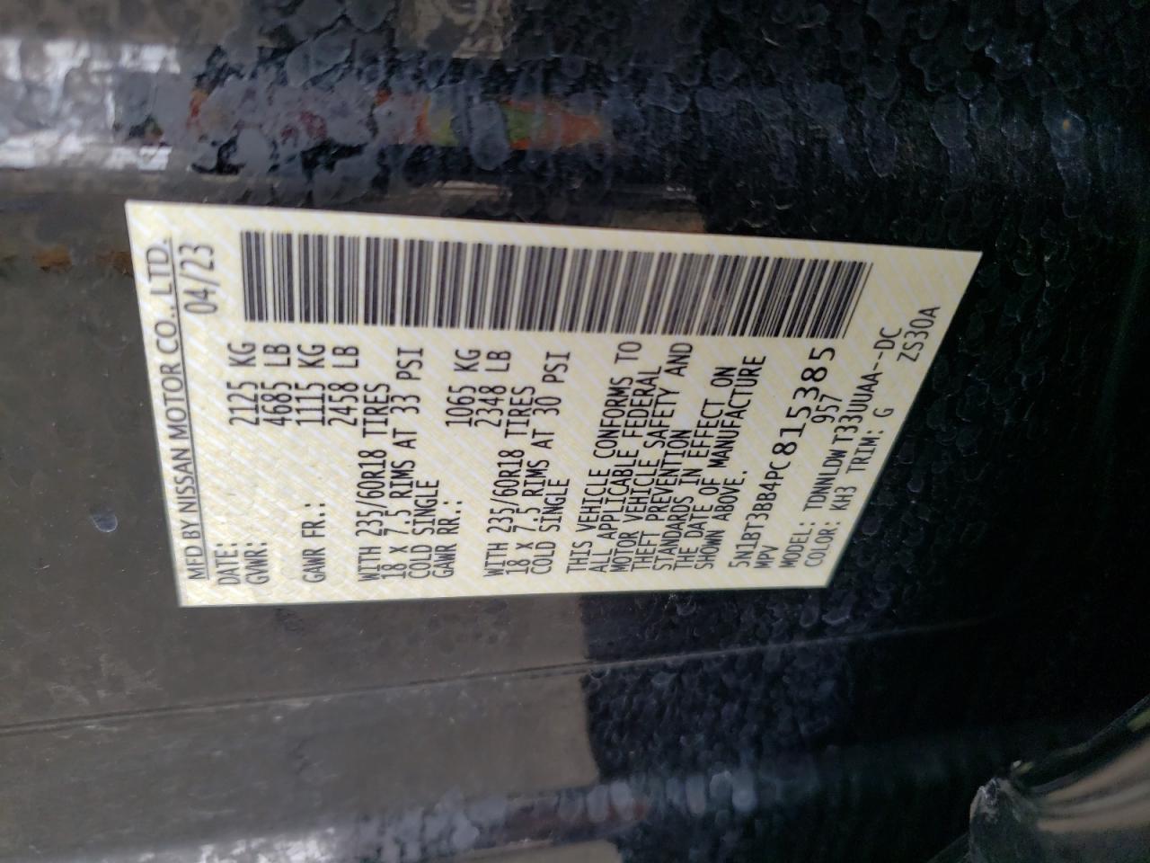 2023 NISSAN ROGUE SV VIN:5N1BT3BB4PC815385