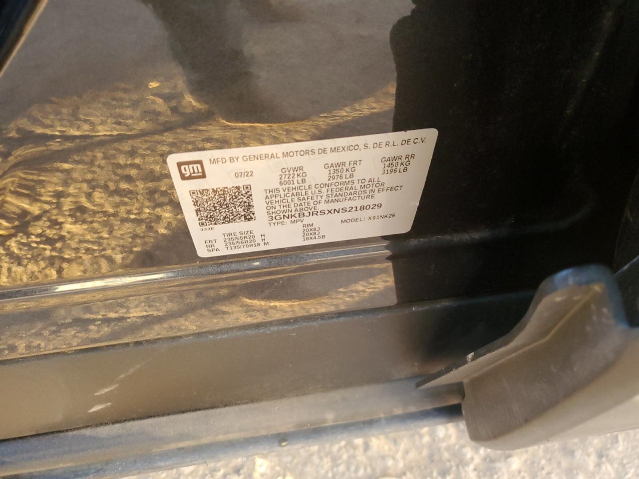 2022 CHEVROLET BLAZER 3LT VIN:3GNKBJRSXNS218029