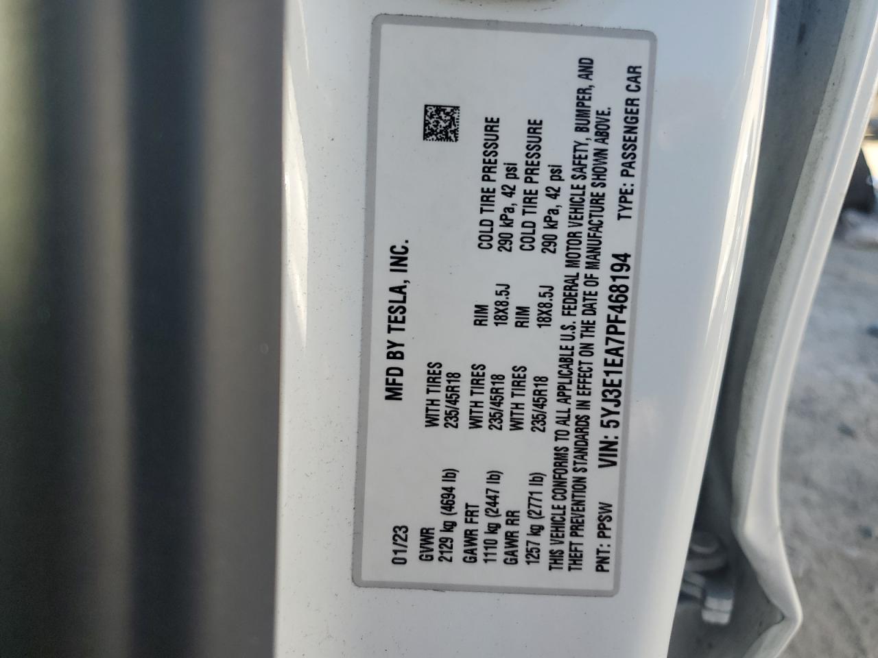 2023 TESLA MODEL 3 VIN:5YJ3E1EA7PF468194