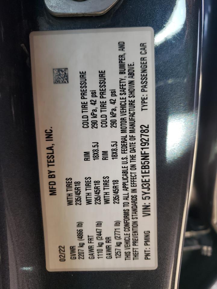 2022 TESLA MODEL 3 VIN:5YJ3E1EB5NF192782