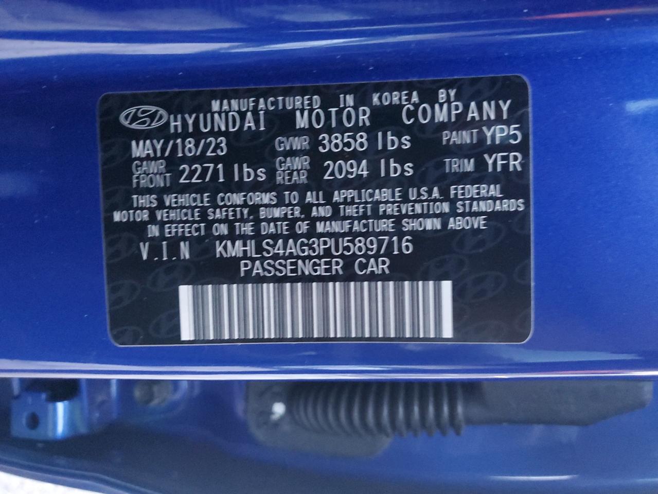 2023 HYUNDAI ELANTRA SEL VIN:KMHLS4AG3PU589716