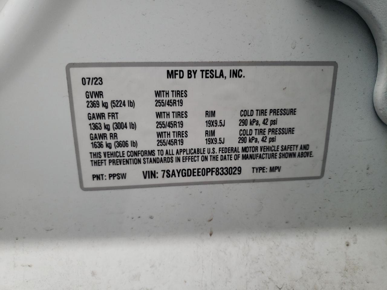 2023 TESLA MODEL Y VIN:7SAYGDEE0PF833029