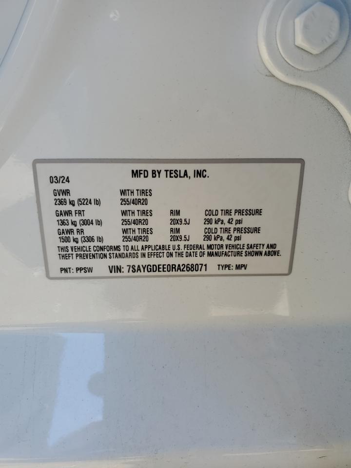 2024 TESLA MODEL Y VIN:7SAYGDEE0RA268071