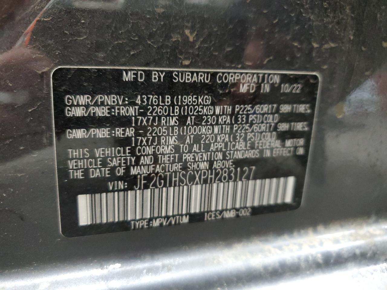 2023 SUBARU CROSSTREK SPORT VIN:JF2GTHSCXPH283127