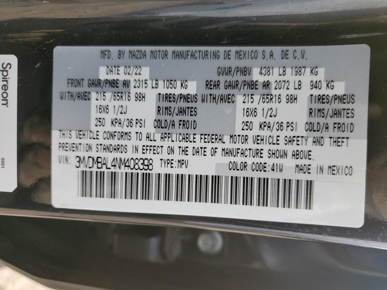 2022 MAZDA CX-30 VIN:3MVDMBAL4NM408398