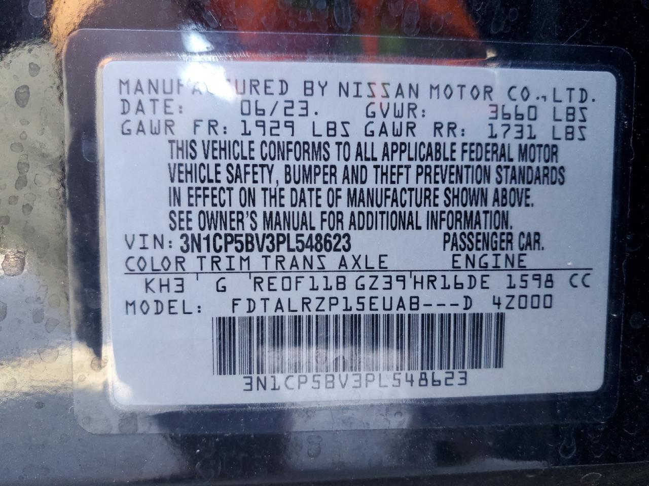 2023 NISSAN KICKS S VIN:3N1CP5BV3PL548623