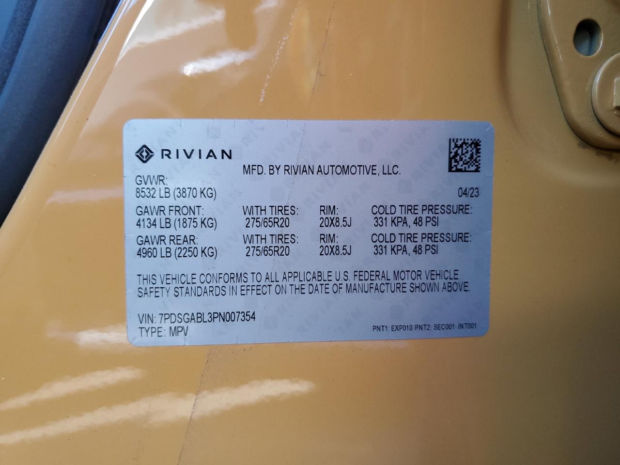 2023 RIVIAN R1S LAUNCH EDITION VIN:7PDSGABL3PN007354