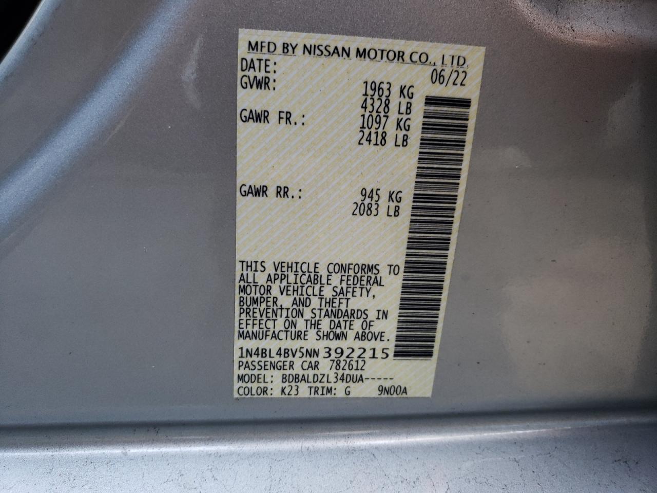 2022 NISSAN ALTIMA S VIN:1N4BL4BV5NN392215