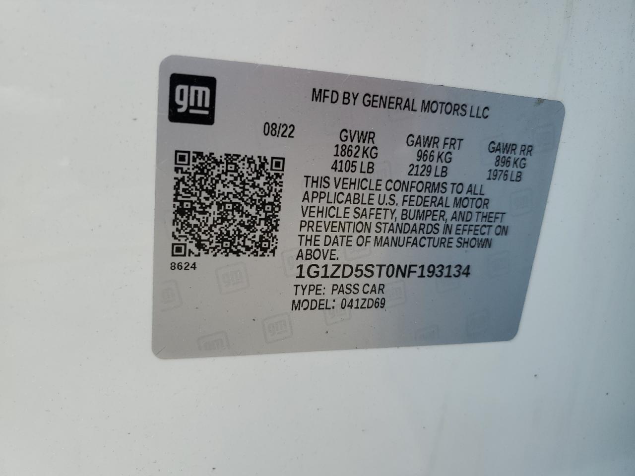 2022 CHEVROLET MALIBU LT VIN:1G1ZD5ST0NF193134