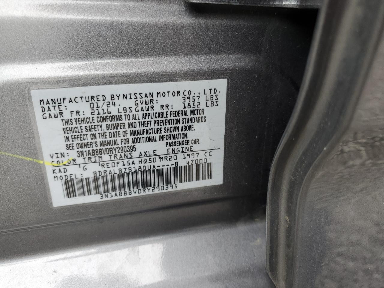 2024 NISSAN SENTRA S VIN:3N1AB8BV0RY290395