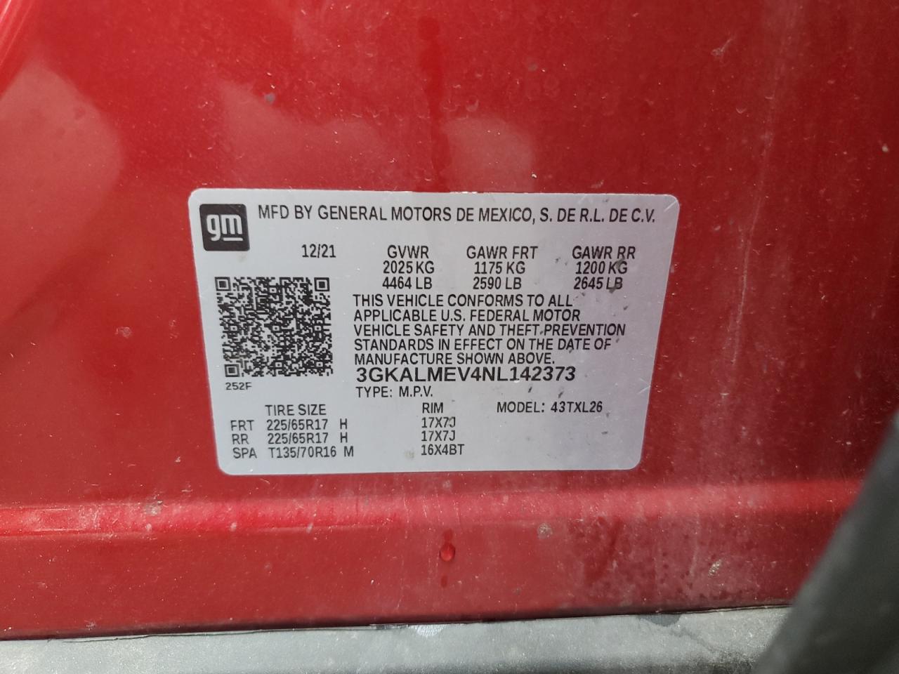 2022 GMC TERRAIN SLE VIN:3GKALMEV4NL142373
