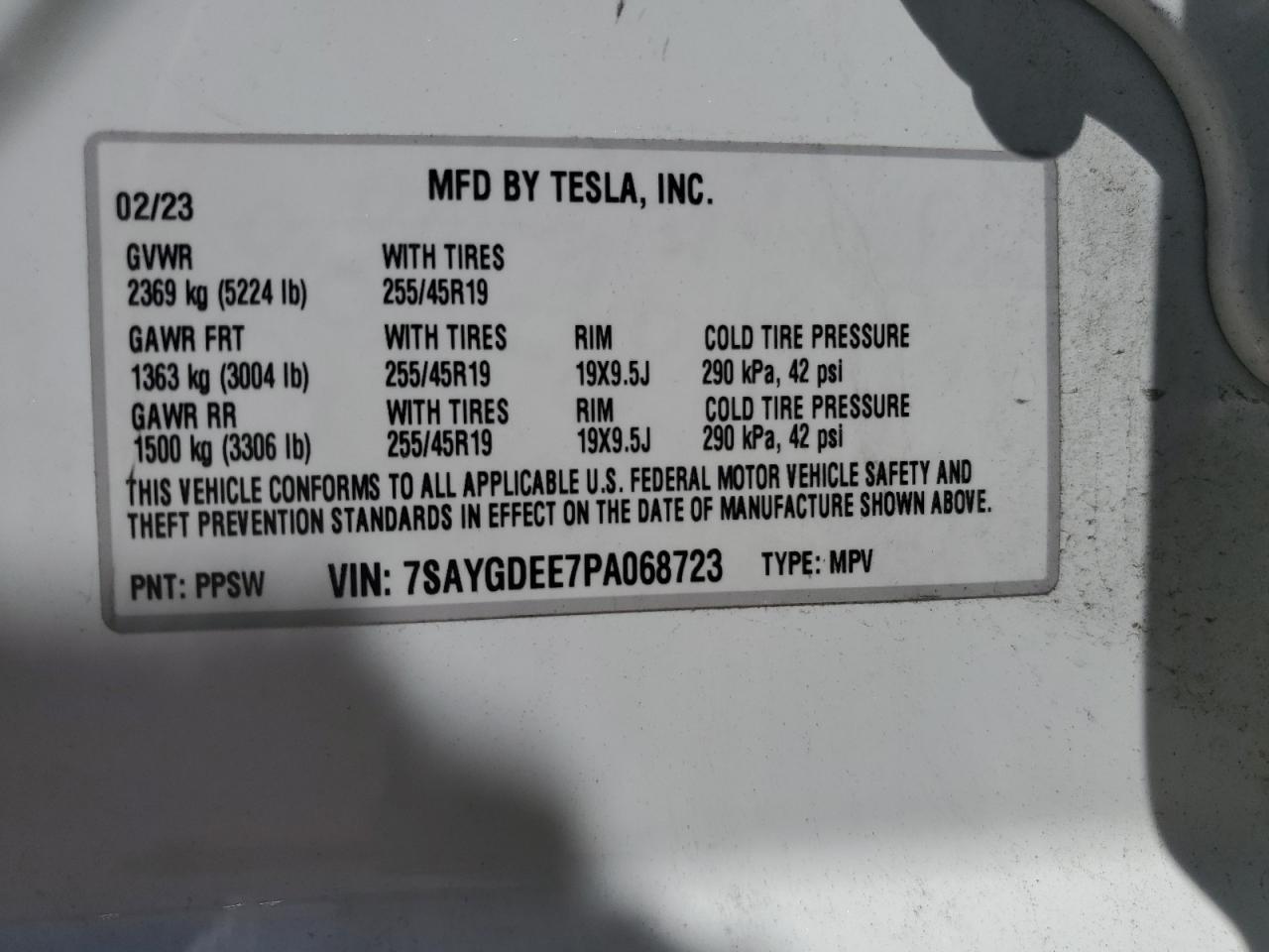 2023 TESLA MODEL Y VIN:7SAYGDEE7PA068723