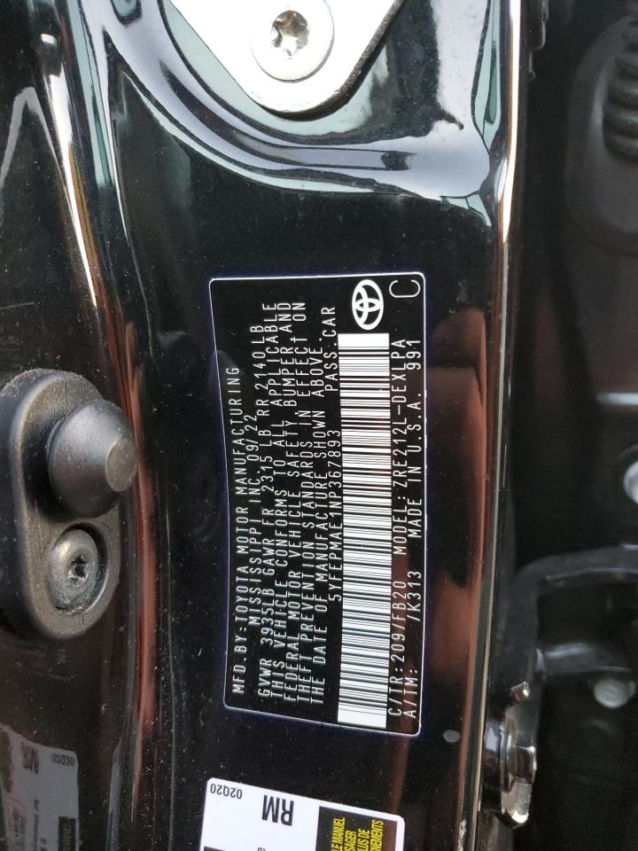 2022 TOYOTA COROLLA LE VIN:5YFEPMAE1NP367893