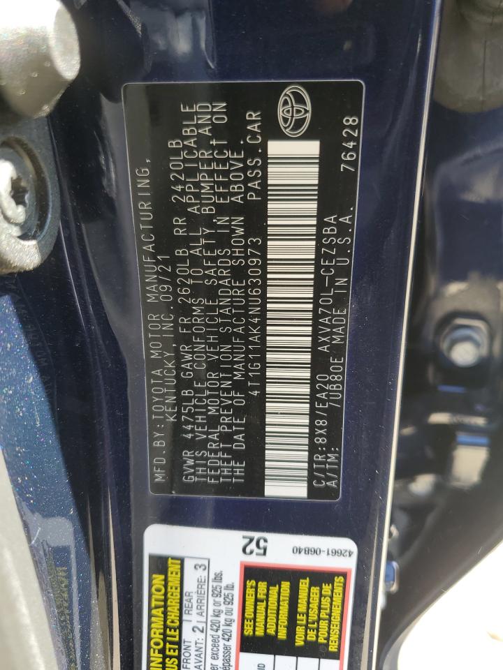 2022 TOYOTA CAMRY SE VIN:4T1G11AK4NU630973