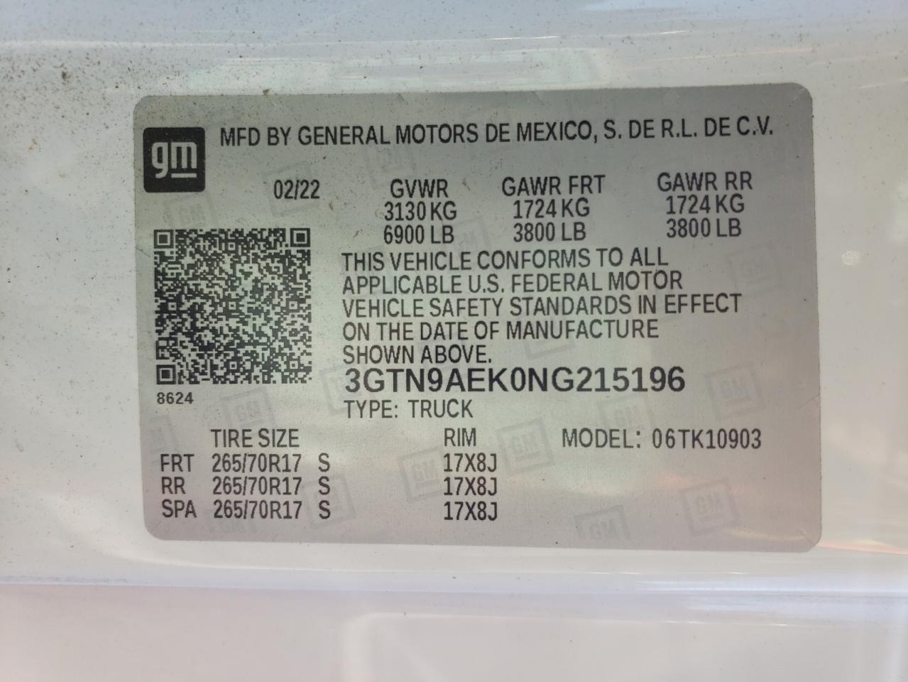 2022 GMC SIERRA LIMITED K1500 VIN:3GTN9AEK0NG215196