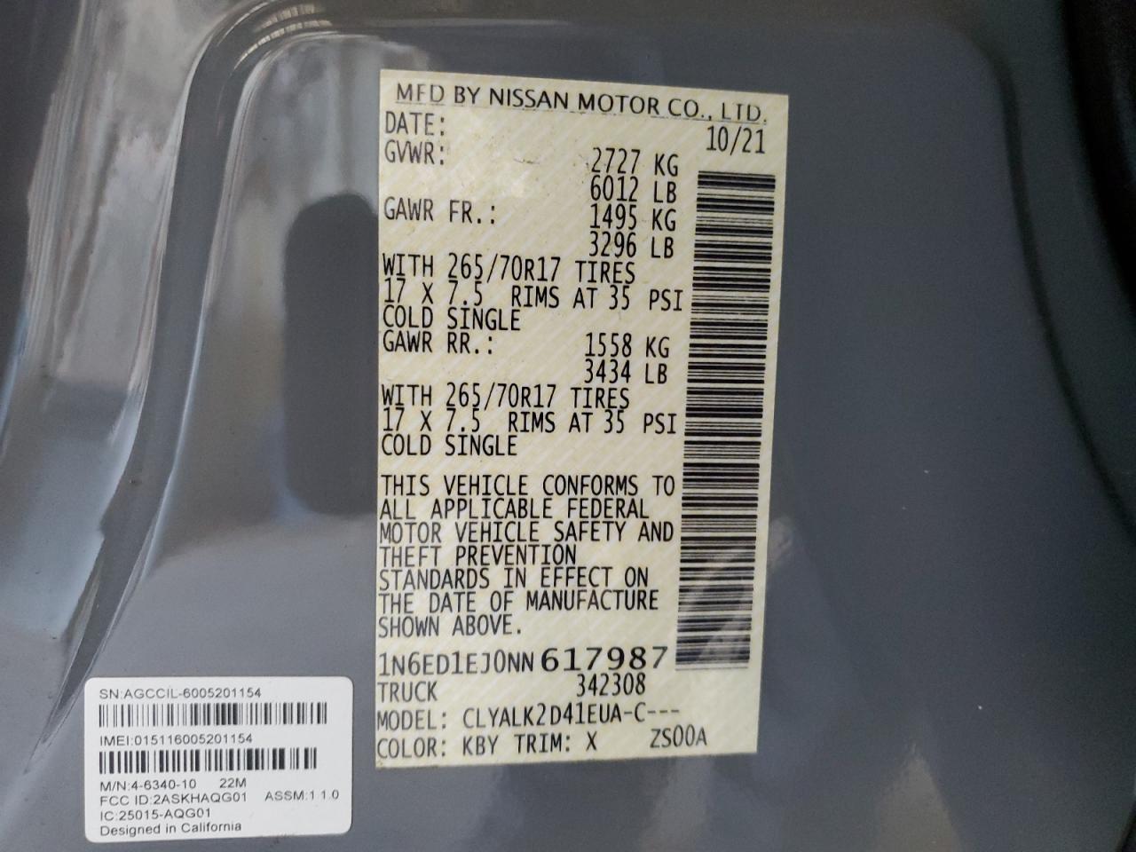 2022 NISSAN FRONTIER S VIN:1N6ED1EJ0NN617987