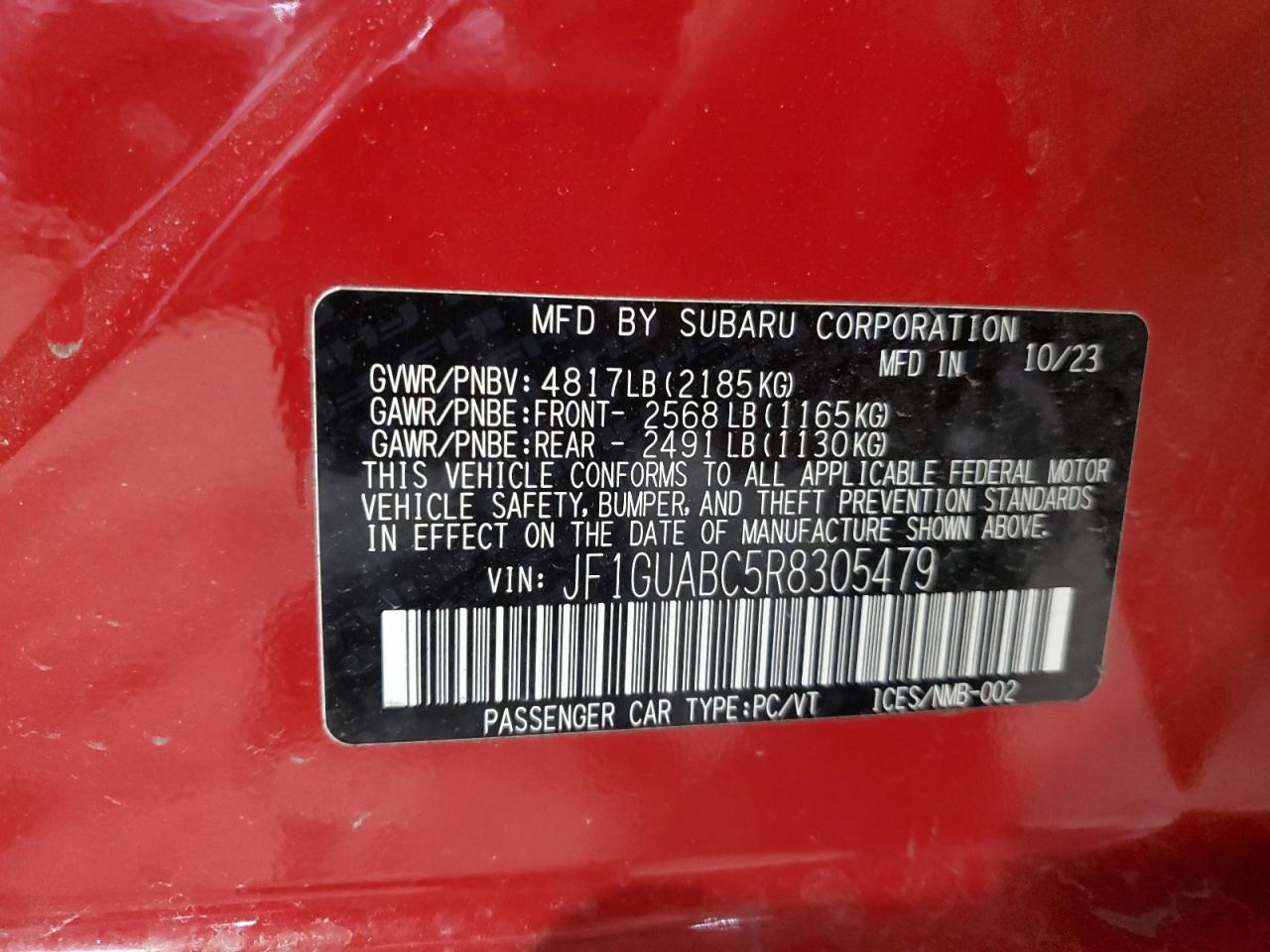 2024 SUBARU IMPREZA VIN:JF1GUABC5R8305479