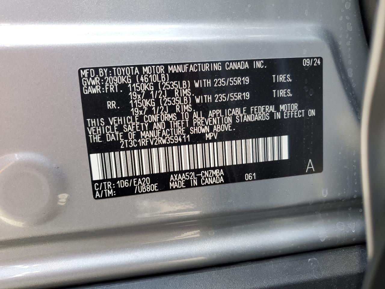 2024 TOYOTA RAV4 XLE PREMIUM VIN:1GC0KVCG4BF195844
