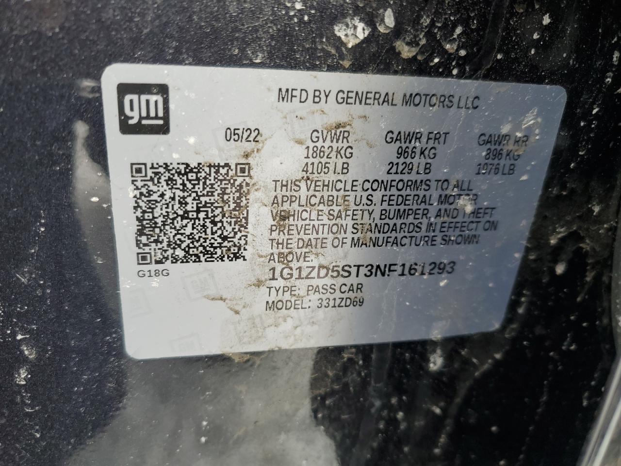 2022 CHEVROLET MALIBU LT VIN:1G1ZD5ST3NF161293