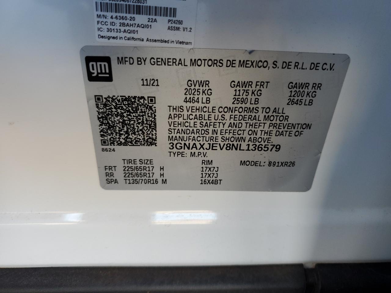 2022 CHEVROLET EQUINOX LT VIN:3GNAXJEV8NL136579
