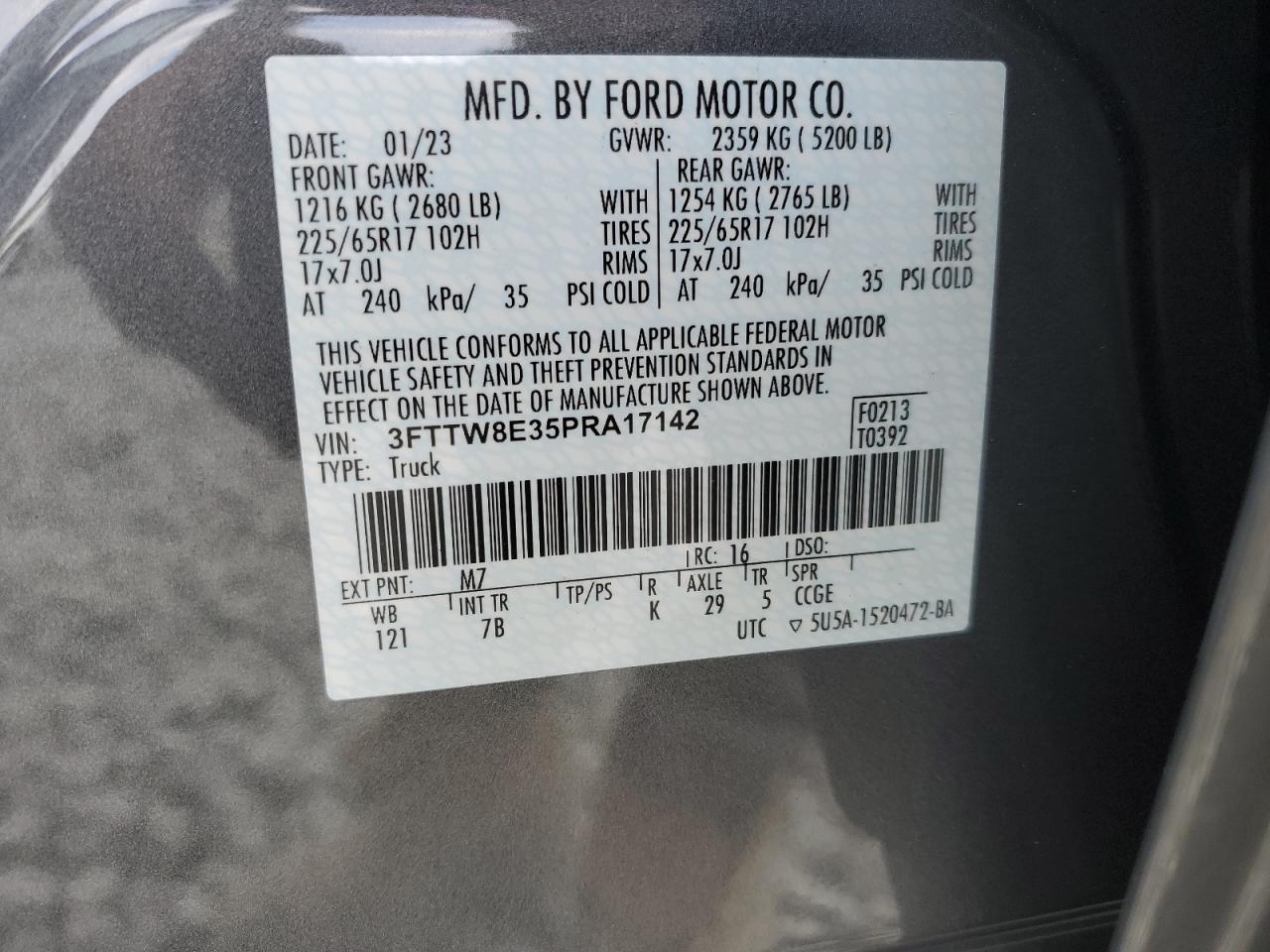 2023 FORD MAVERICK XL VIN:3FTTW8E35PRA17142