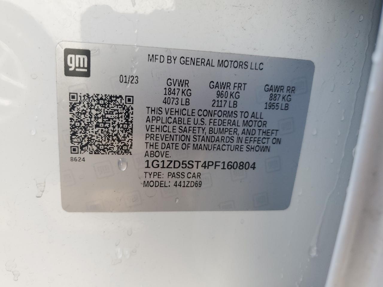 2023 CHEVROLET MALIBU LT VIN:1G1ZD5ST4PF160804