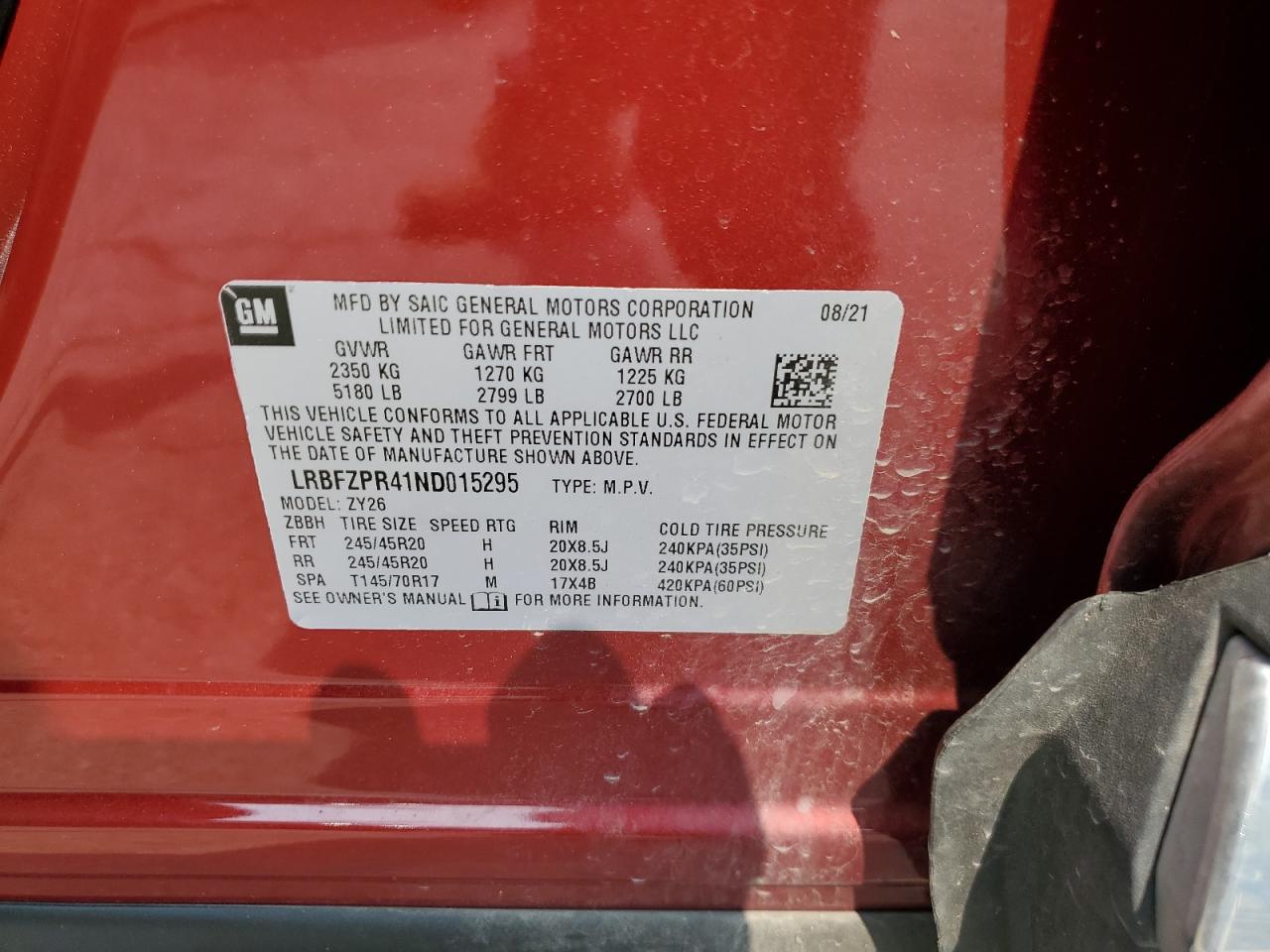 2022 BUICK ENVISION ESSENCE VIN:LRBFZPR41ND015295