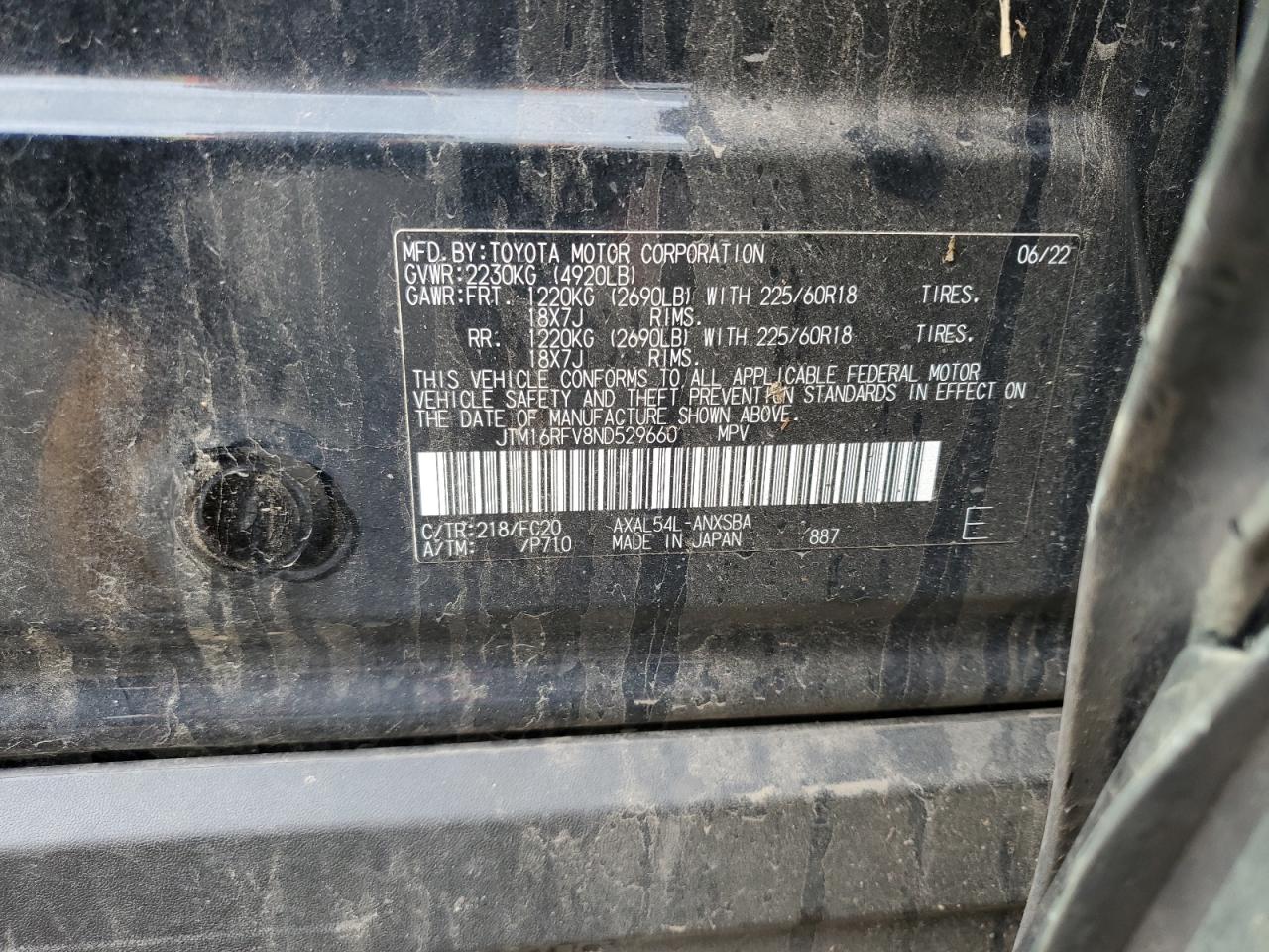 2022 TOYOTA RAV4 SE VIN:JTM16RFV8ND529660