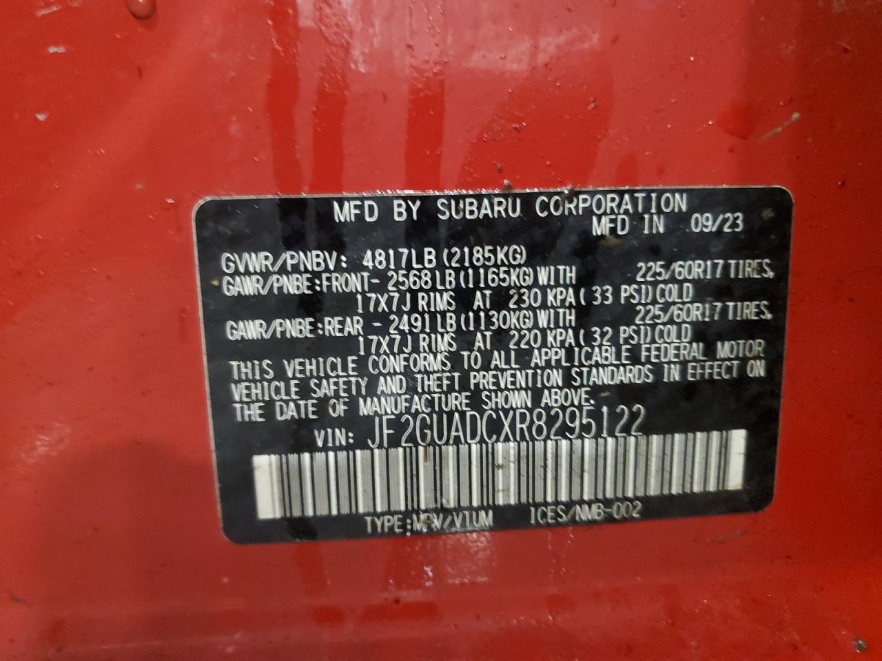 2024 SUBARU CROSSTREK PREMIUM VIN:JF2GUADCXR8295122