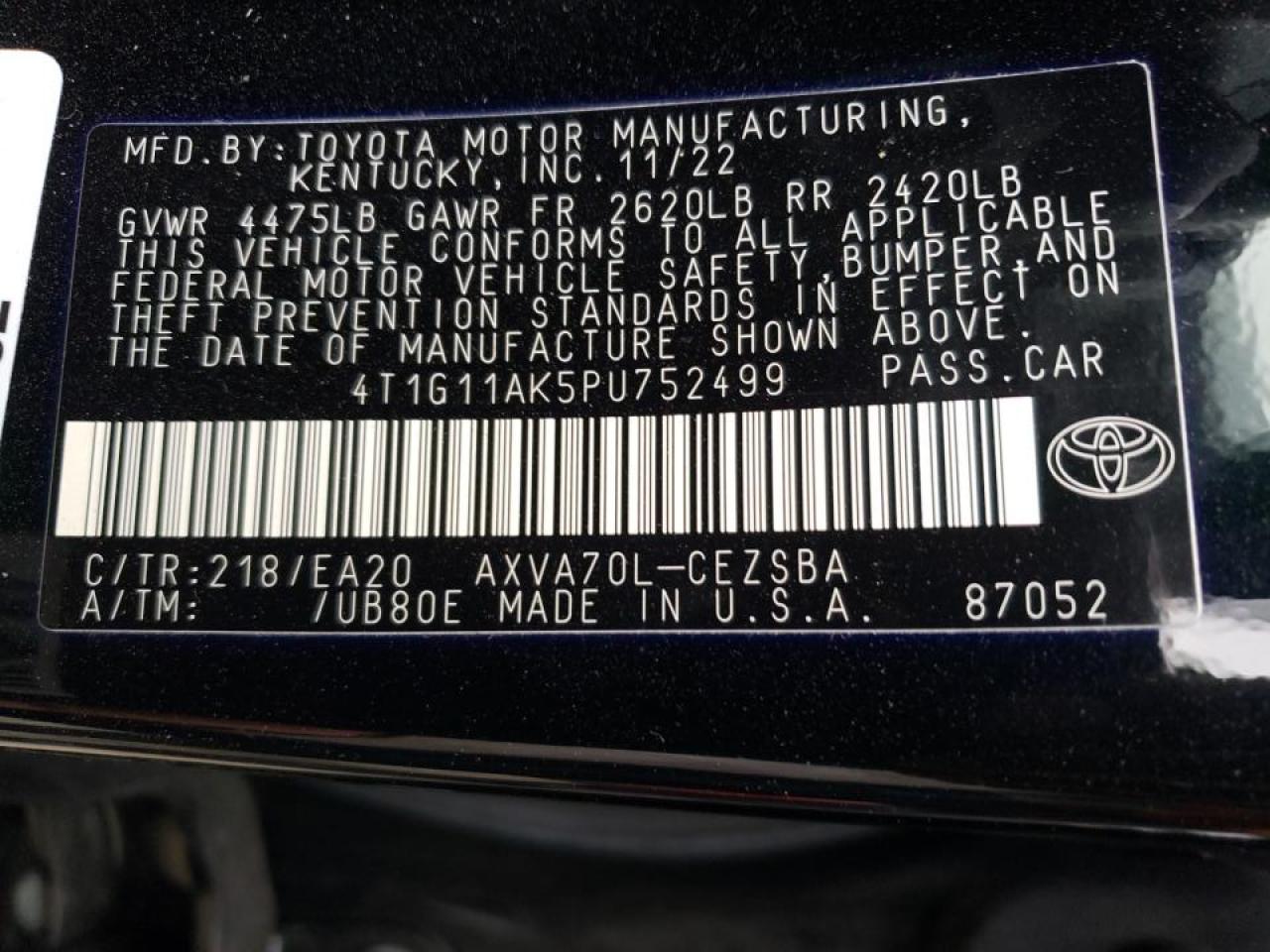 2023 TOYOTA CAMRY SE NIGHT SHADE VIN:4T1G11AK5PU752499