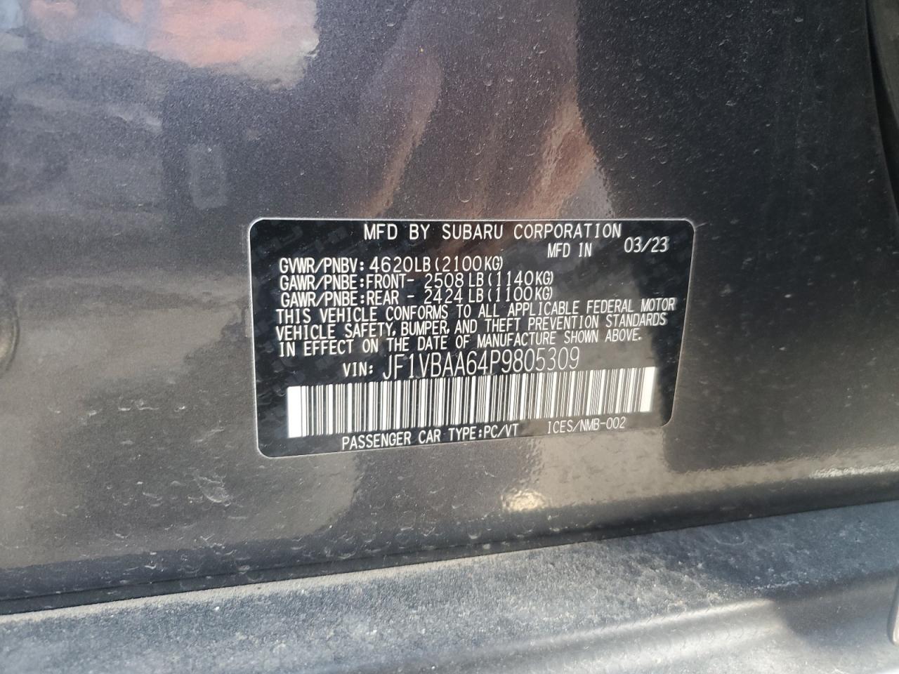 2023 SUBARU WRX VIN:JF1VBAA64P9805309