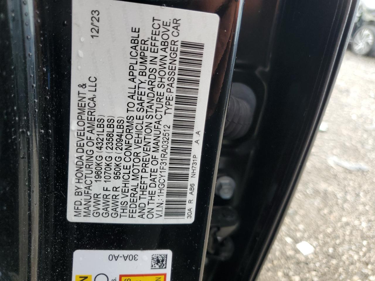 2024 HONDA ACCORD EX VIN:1HGCY1F31RA032512