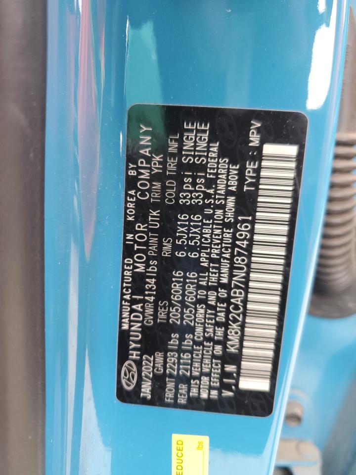2022 HYUNDAI KONA SEL VIN:KM8K2CAB7NU874961