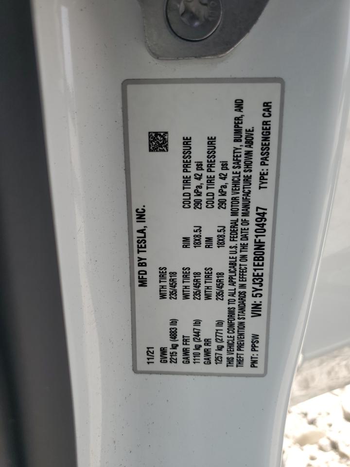 2022 TESLA MODEL 3 VIN:5YJ3E1EB0NF104947