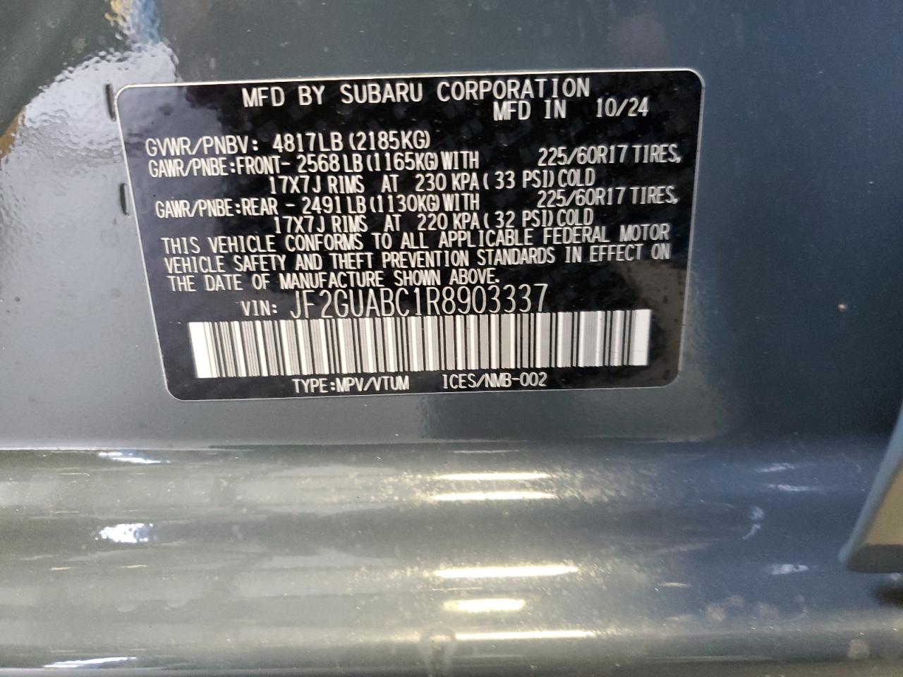 2024 SUBARU CROSSTREK VIN:JF2GUABC1R8903337