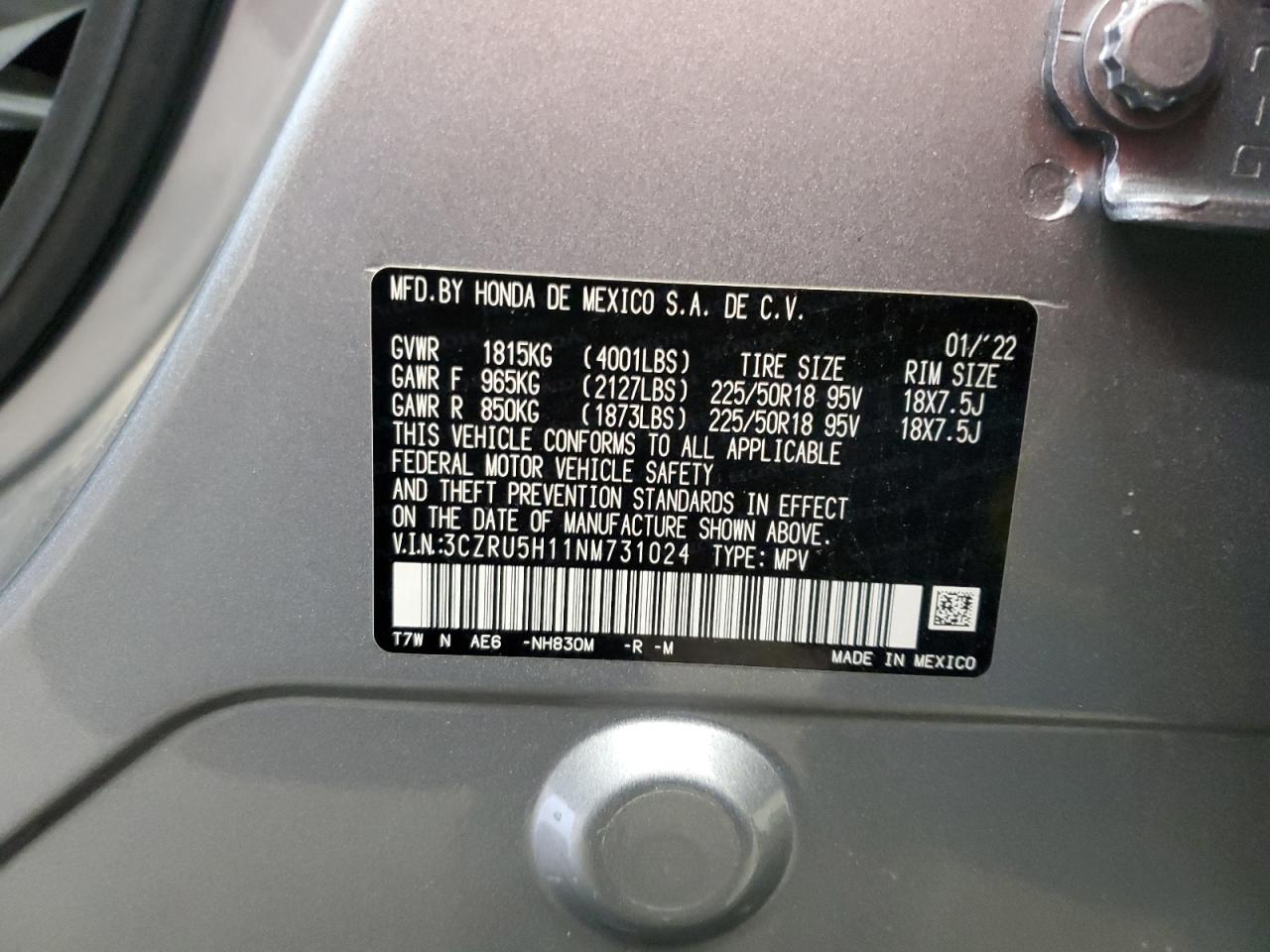 2022 HONDA HR-V SPORT VIN:3CZRU5H11NM731024