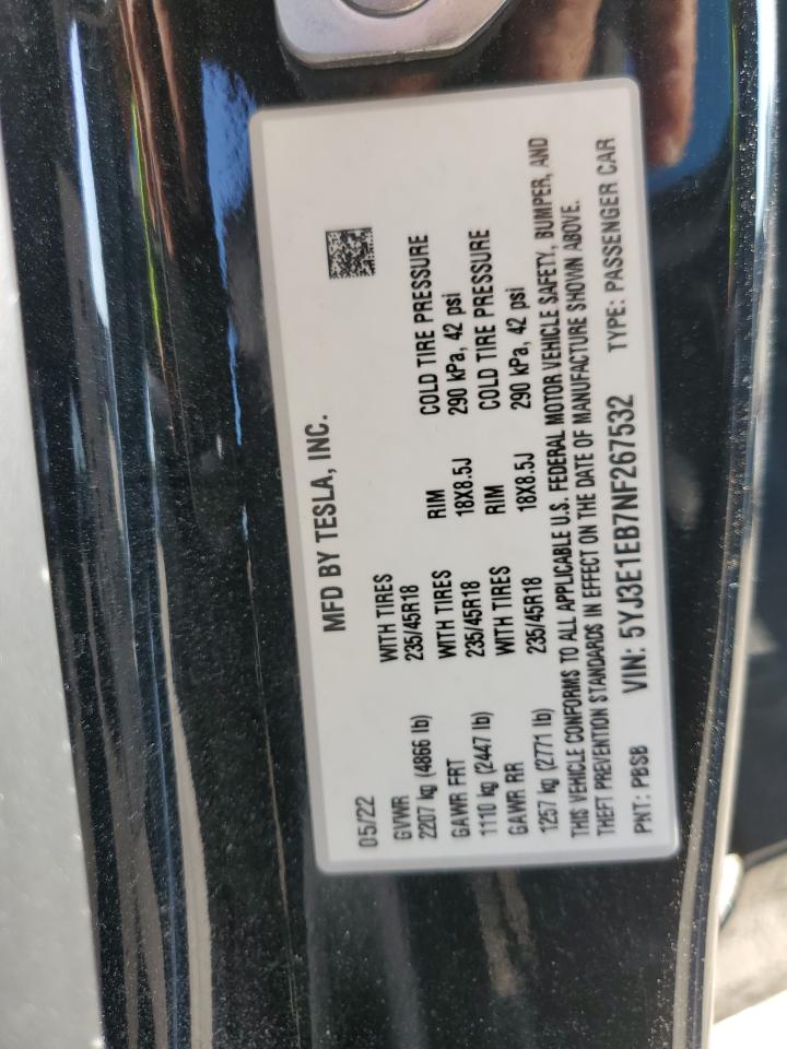 2022 TESLA MODEL 3 VIN:5YJ3E1EB7NF267532