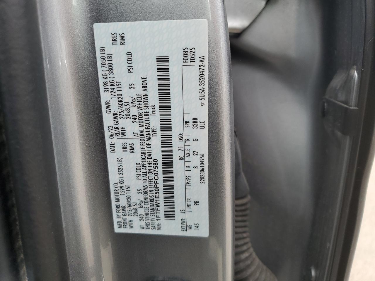 2023 FORD F150 SUPERCREW VIN:1FTFW1E50PFC07580