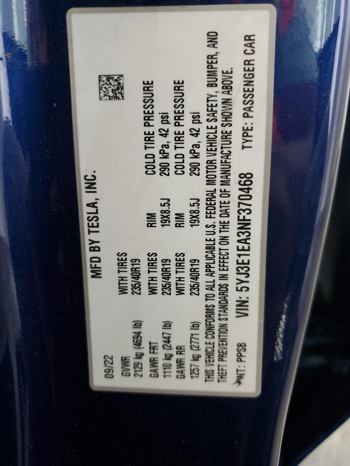 2022 TESLA MODEL 3 VIN:5YJ3E1EA3NF370468